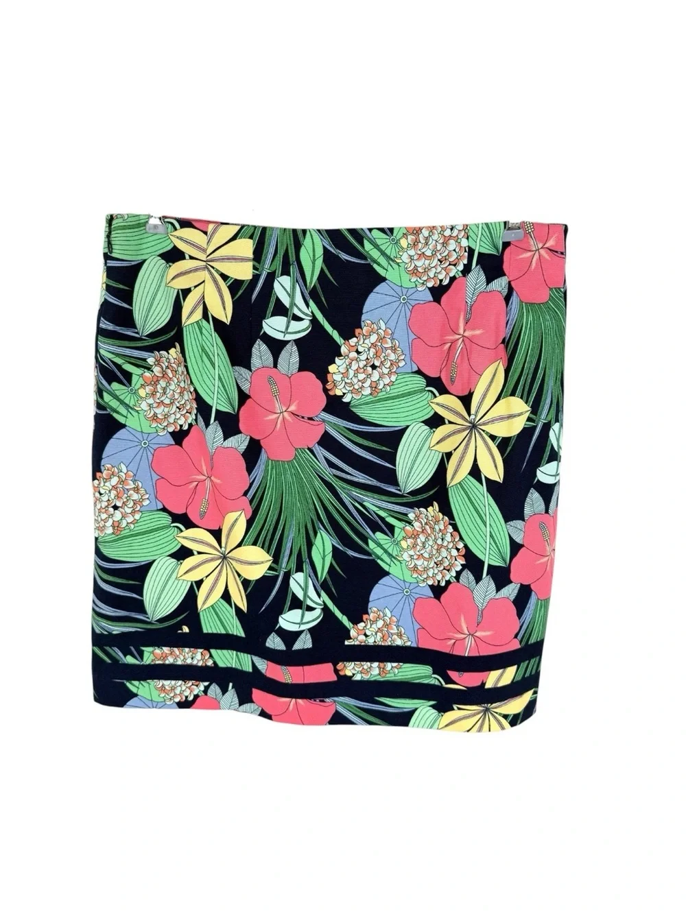 Talbots Pencil Skirt Womens Size 16 Navy Pink Tropical Floral Stretch Cotton